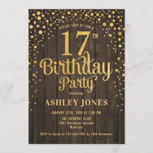 Invitation 17e fête d'anniversaire - Bois rustique et or