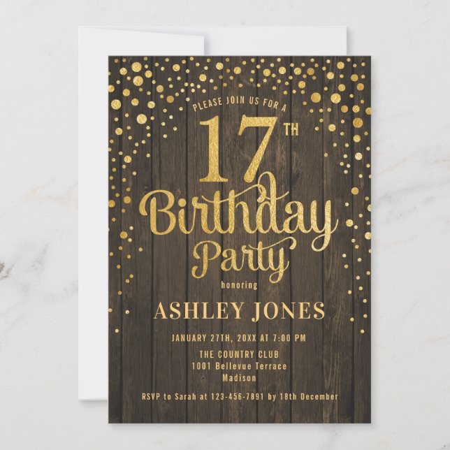 Invitation 17e fête d'anniversaire - Bois rustique & Or (Devant)