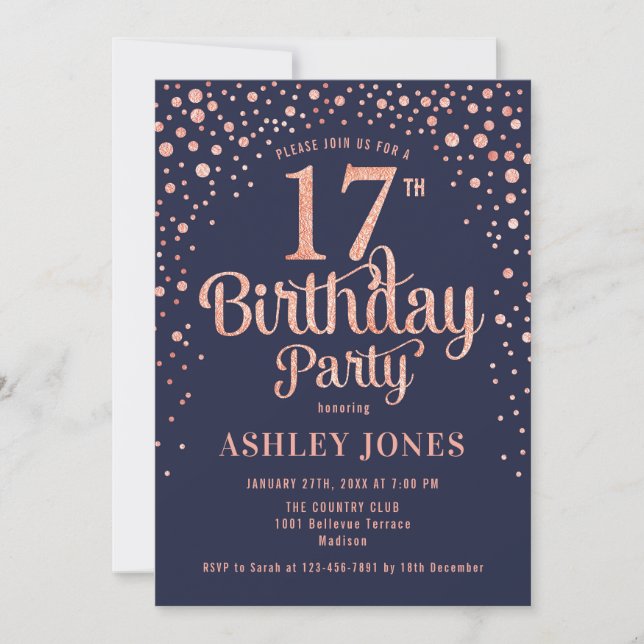 Invitation 17e fête d'anniversaire - Marine & Rose Gold (Devant)