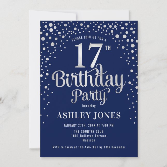 Invitation 17e fête d'anniversaire - Marine & Silver (Devant)