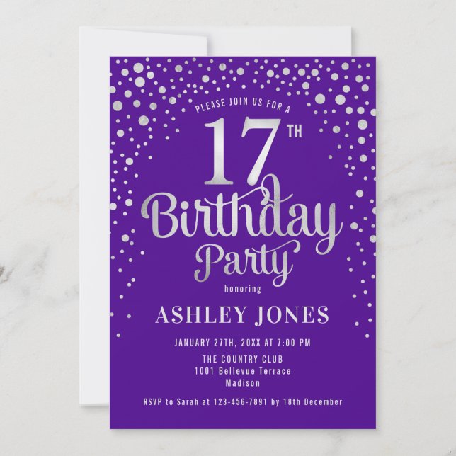 Invitation 17e fête d'anniversaire - Purple & Silver (Devant)