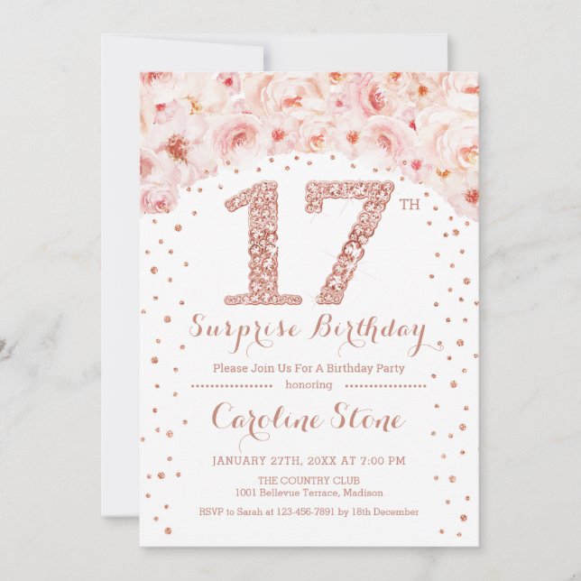 Invitation 17e fête d'anniversaire surprise - Rose blanche or (Devant)