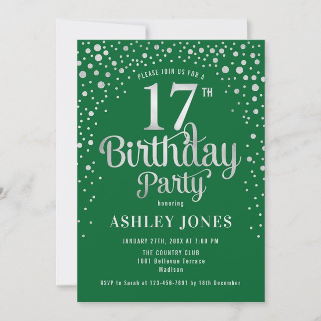 Invitation 17e fête d'anniversaire - Vert & Argent (Devant)