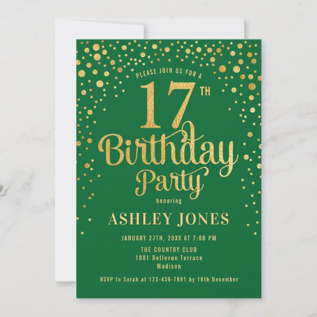 Invitation 17e fête d'anniversaire - Vert & Or (Devant)