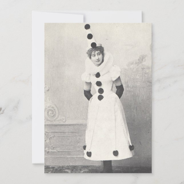 Invitation 1898 Femme en costume de clown, photo antique (Devant)
