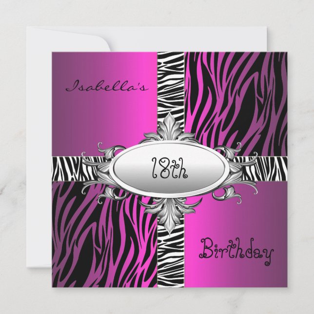 Invitation 18e anniversaire Ado Zebra Wild Pink Animal Noir (Devant)