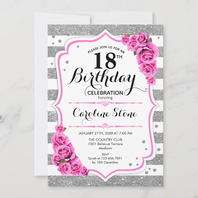 Invitation 18e anniversaire - Argent Blancs Roses Roses Rose (Devant)