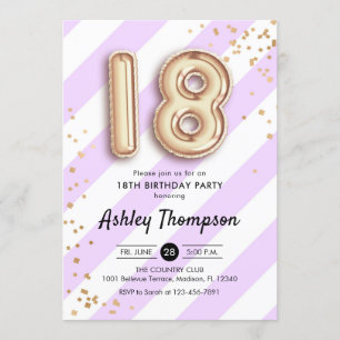 Invitation 18e anniversaire - Ballons d'or à rayures violette