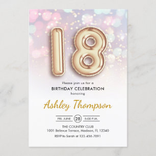 Invitation 18e anniversaire - Ballons d'or Lumières roses