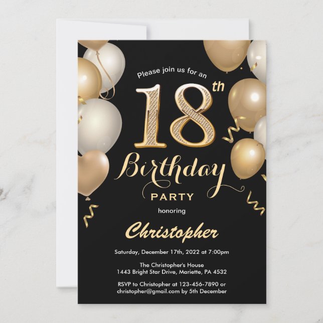 Invitation 18e anniversaire Ballons Noir et Or Confetti (Devant)