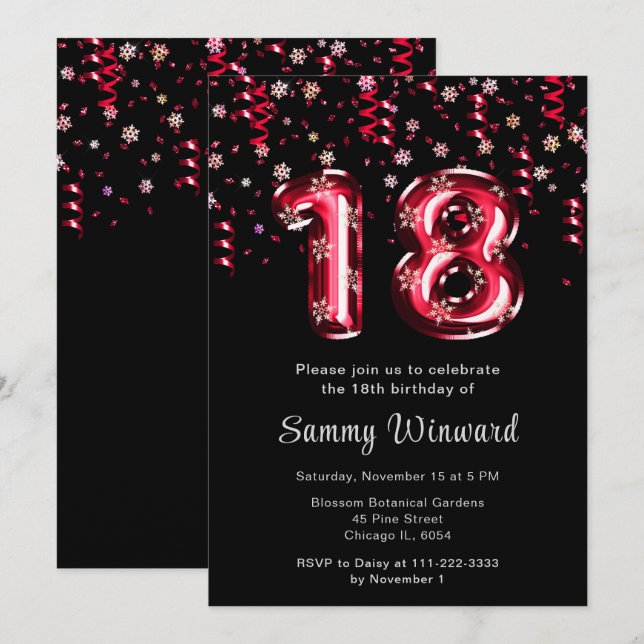 Invitation 18e anniversaire Ballons rouges Flocon de neige Co (Devant / Derrière)