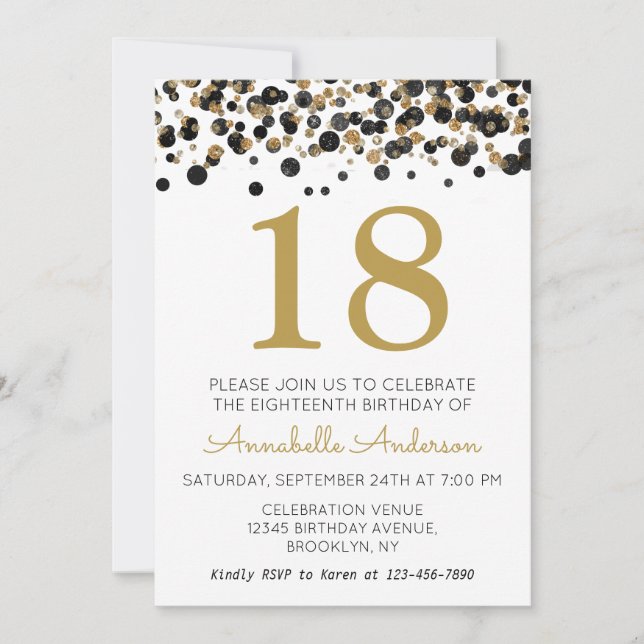 Invitation 18e anniversaire Black Gold Parties scintillant Sp (Devant)