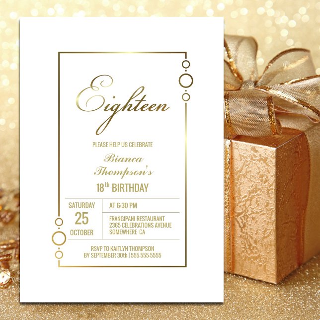 Invitation 18e anniversaire Blanc avec Gold Frame Party (Créateur téléchargé)