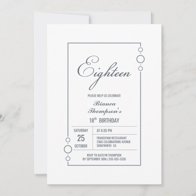 Invitation 18e anniversaire Blanc avec Gris Frame Party (Devant)