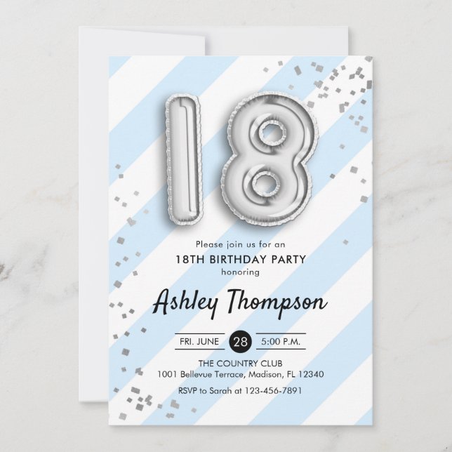 Invitation 18e anniversaire - Bleus et Ballons d'argent (Devant)