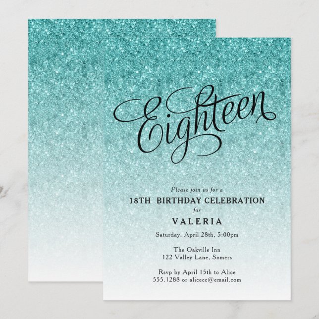 Invitation 18e anniversaire Blue Ombre Parties scintillant In (Devant / Derrière)