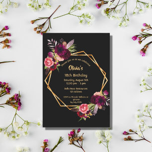 Invitation 18e anniversaire bordeaux floral or géométrique no