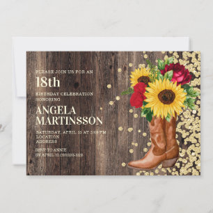 Invitation 18e anniversaire Bottes en bois rustique tournesol