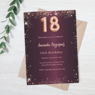 Invitation 18e anniversaire bourgogne or rose