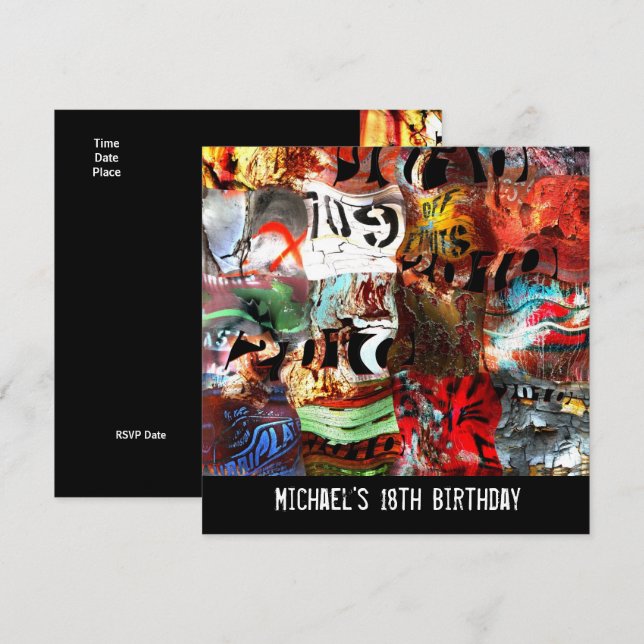 Invitation 18e anniversaire Boys Mens Street Art Abstrait A3 (Devant / Derrière)