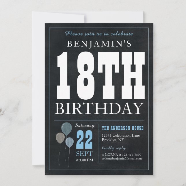 Invitation 18e anniversaire Chalkboard Blue Balloon Rustic Ch (Devant)
