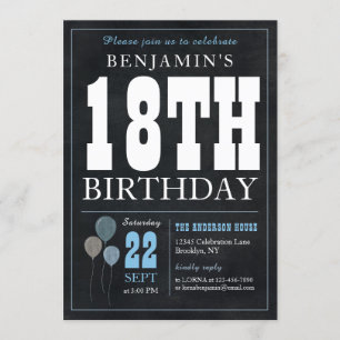 Invitation 18e anniversaire Chalkboard Blue Balloon Rustic Ch