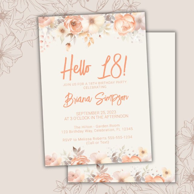 Invitation 18e anniversaire de fête Pêche beige ivoire floral (Créateur téléchargé)