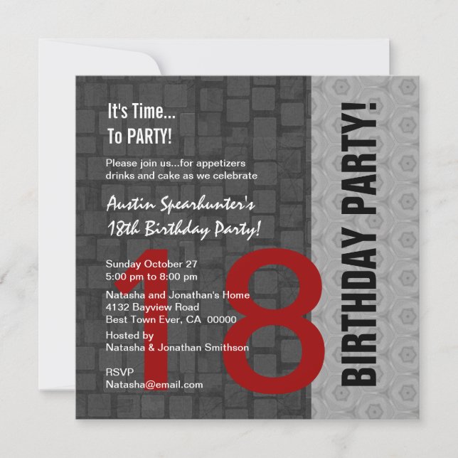 Invitation 18e anniversaire de l'Argent rouge moderne noir D4 (Devant)