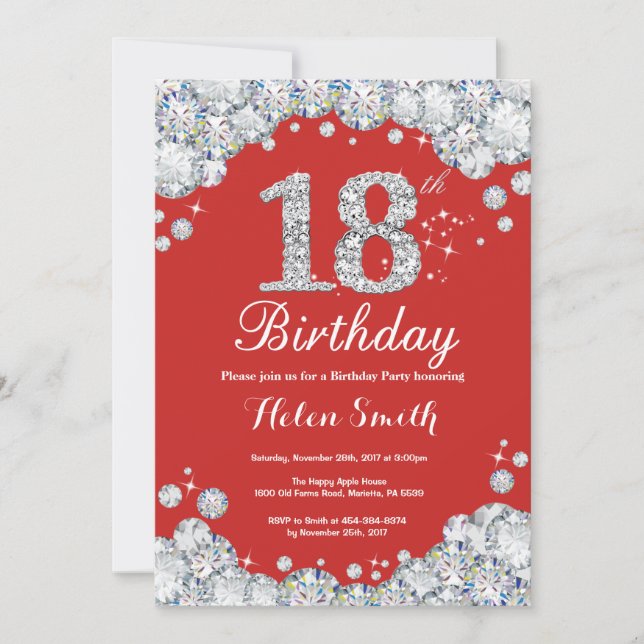 Invitation 18e anniversaire Diamant rouge et argen (Devant)