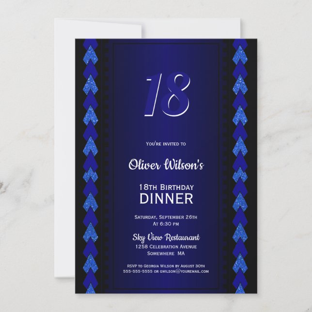 Invitation 18e anniversaire Dîner Noir et Bleu (Devant)