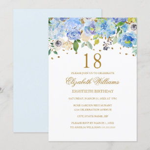 Invitation 18e anniversaire Elégant Blue Gold Floral Invitati
