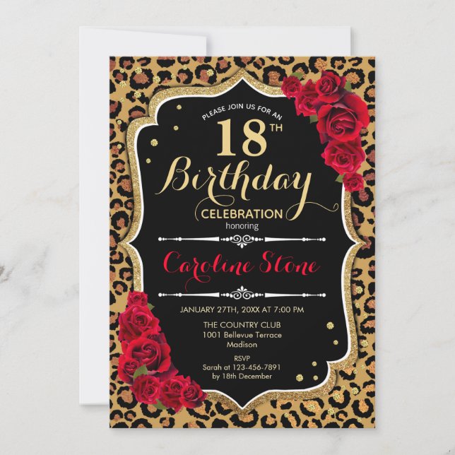 Invitation 18e anniversaire - Empreinte de léopard de Red Ros (Devant)