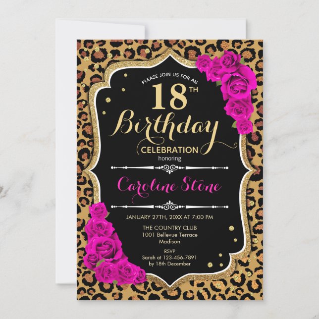 Invitation 18e anniversaire - Empreinte de léopard Roses rose (Devant)