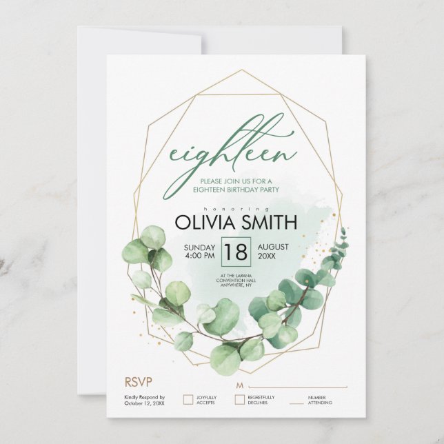 Invitation 18e anniversaire Eucalyptus Élégant Vert moderne (Devant)