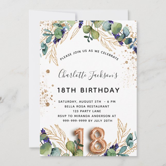 Invitation 18e anniversaire eucalyptus verdure pailleté éléga (Devant)