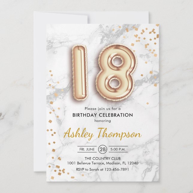 Invitation 18e anniversaire - Gold Balloons effet marbre (Devant)