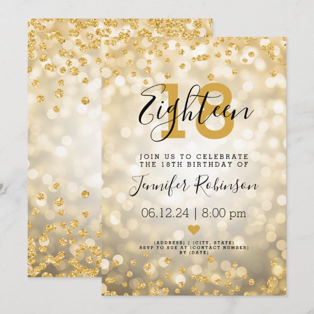 Invitation 18e anniversaire Gold Glam Parties scintillant Lum (Devant / Derrière)