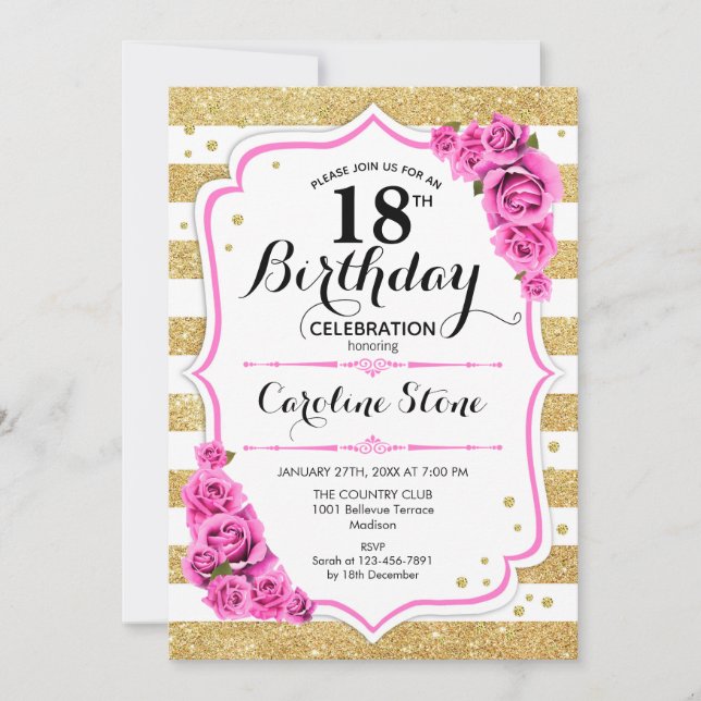 Invitation 18e anniversaire - Gold White Stripes rose Roses (Devant)