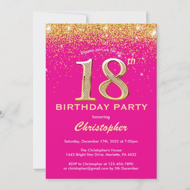 Invitation 18e anniversaire Hot rose et Parties scintillant o (Devant)