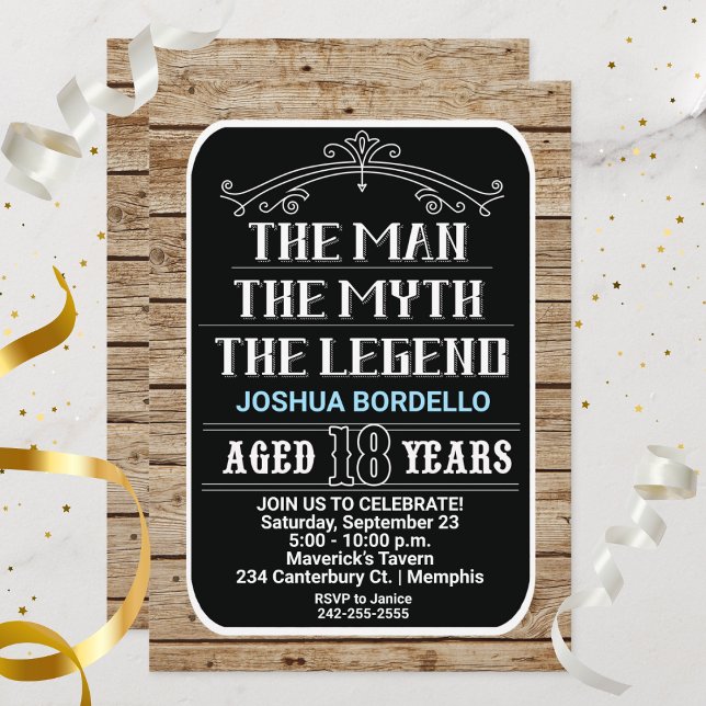 Invitation 18e anniversaire L'homme Le mythe La légende 18 an (18 Year Old Man Birthday, The Man, The Myth, The Legend 18th Party)
