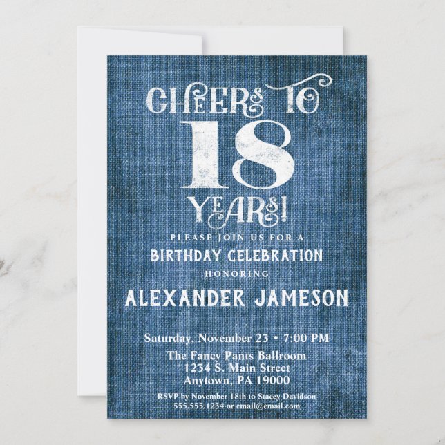 Invitation 18e anniversaire Linge bleu Rustique Br (Devant)
