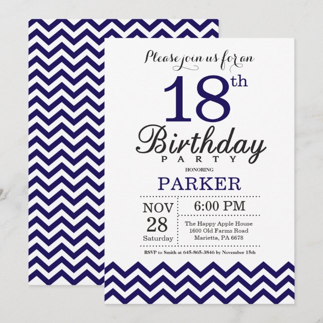 Invitation 18e anniversaire Marine Blue Chevron (Devant / Derrière)