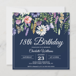 Invitation 18e anniversaire Marine Fleur sauvage Bleu Élégant