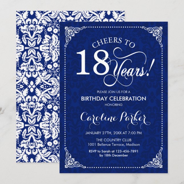 Invitation 18e anniversaire - Marine White Damask (Devant / Derrière)