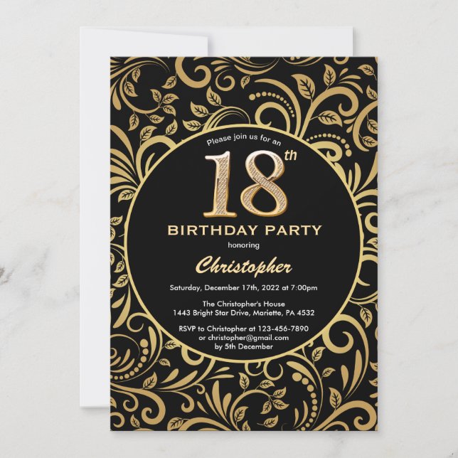 Invitation 18e anniversaire Modèle floral noir et or (Devant)