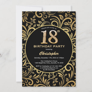 Invitation 18e anniversaire Modèle floral noir et or