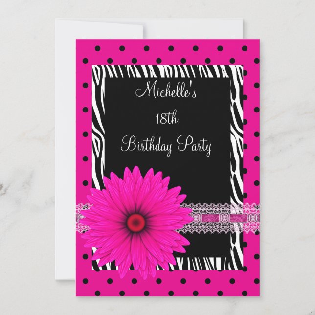 Invitation 18e anniversaire noir blanc Zèbre rose Fleur (Devant)