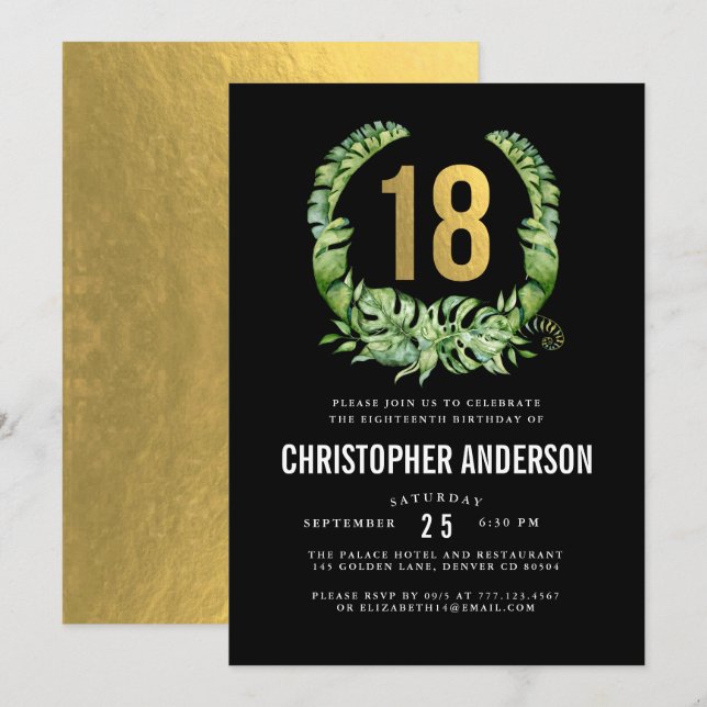Invitation 18e anniversaire Noir Gold garçons (Devant / Derrière)