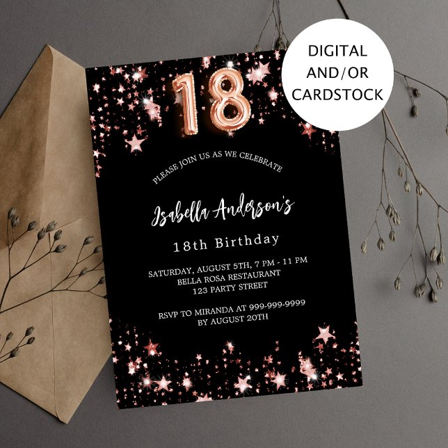 Invitation 18e anniversaire noir rose étoiles d'or (Créateur téléchargé)
