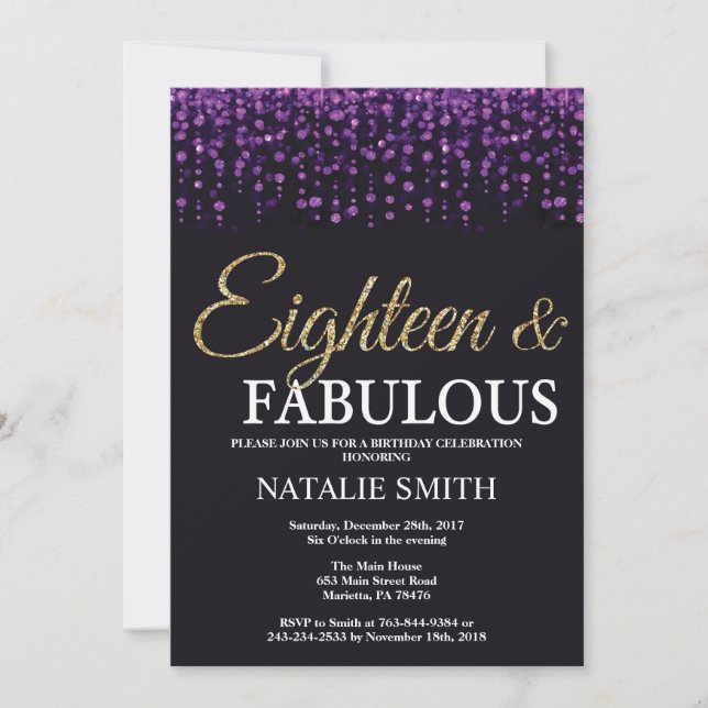 Invitation 18e anniversaire Parties scintillant violet et or (Devant)